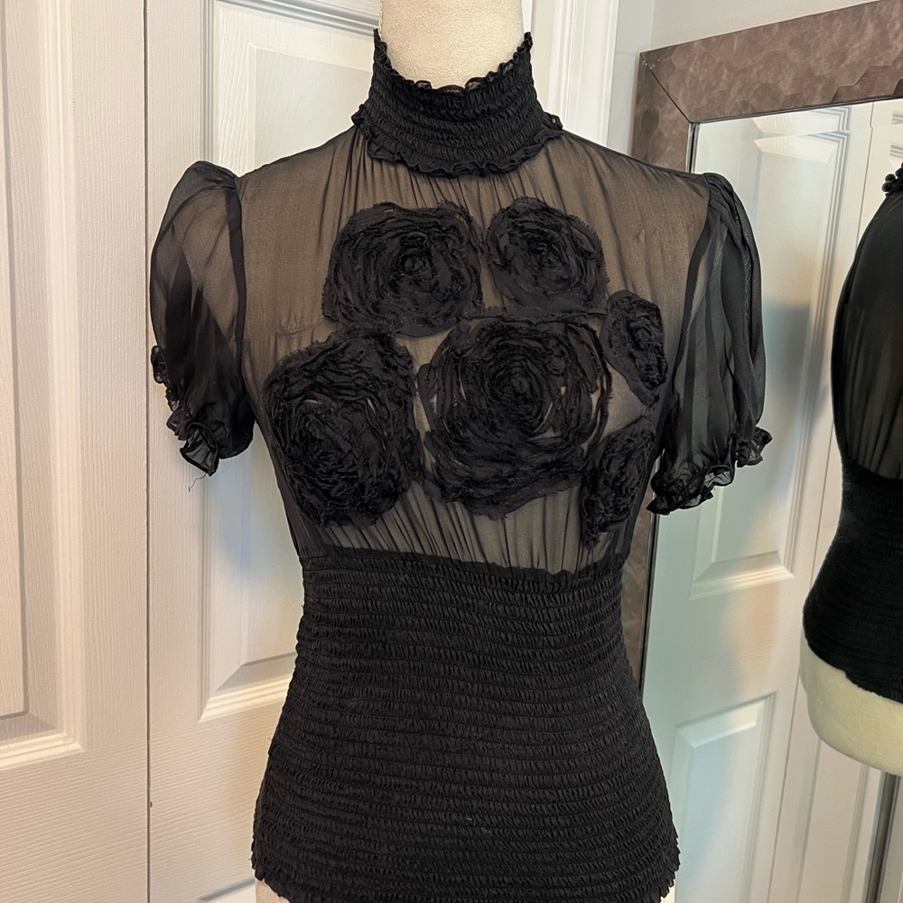 Bebe Black Fitted Embellished Short Sleeve Blouse